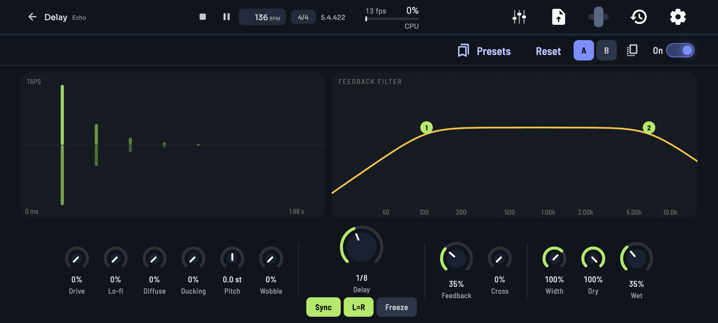 Delay: echoes in time with the song, with a filter and character to taste.