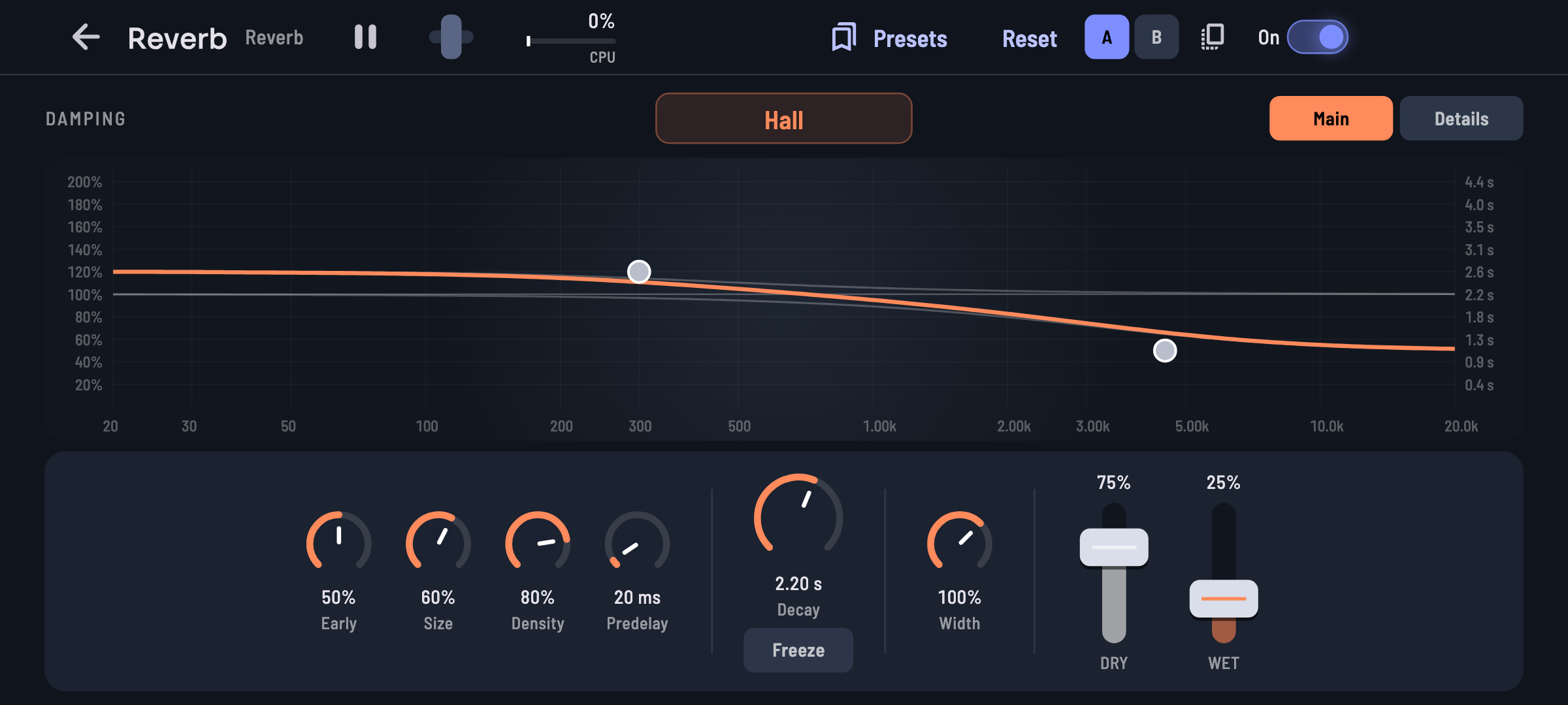 Reverb: choose a space, shape how it fades across the frequencies, and blend it in.