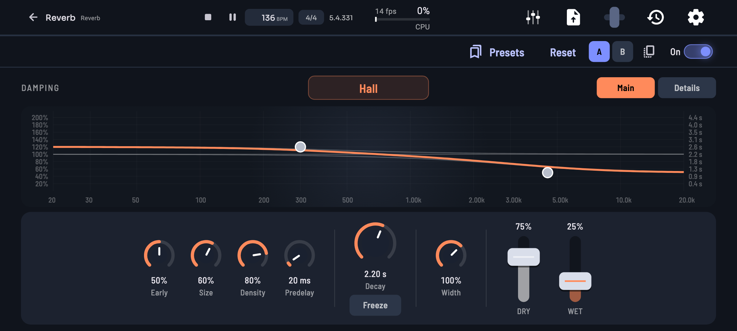 Reverb: choose a space, shape how it fades across the frequencies, and blend it in.